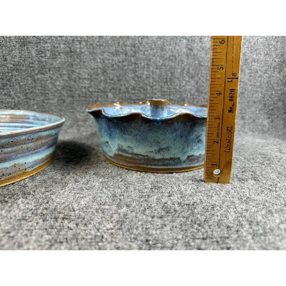 Handmade Ceramic Cake Stand Pedestal Pie Dessert Plate Blue Glaze Set of 2